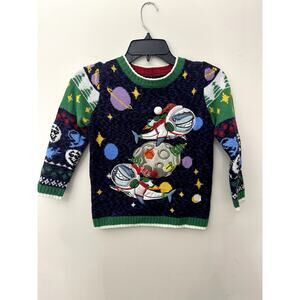 33 Degree Boy's Christmas Space Sharks Sweater Blue/Green L/6 NWT